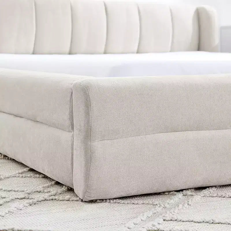 Chenille Upholstered Floor Bed with Thick Headboard