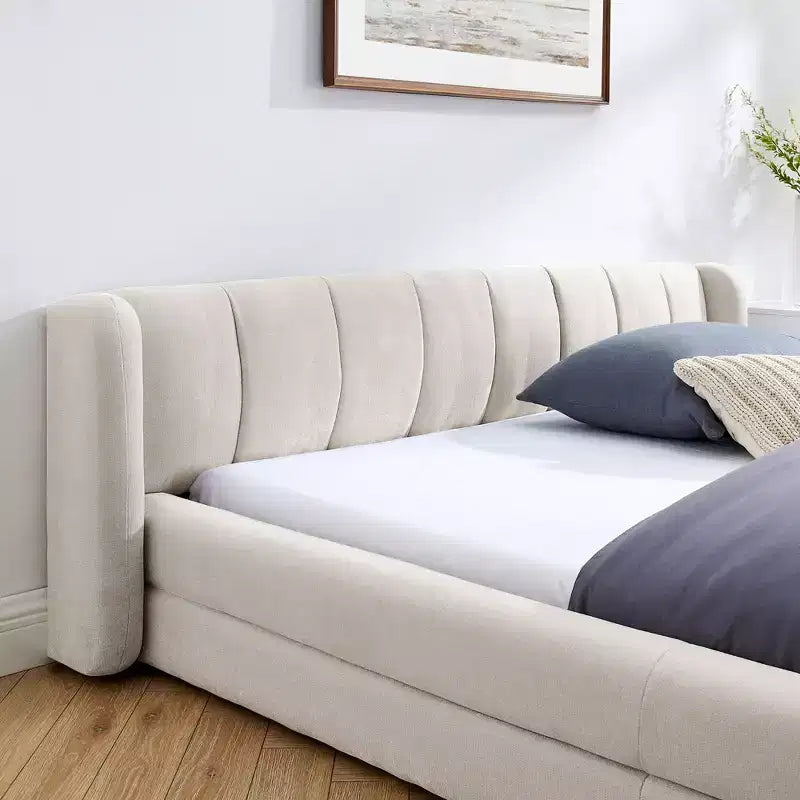 Chenille Upholstered Floor Bed with Thick Headboard