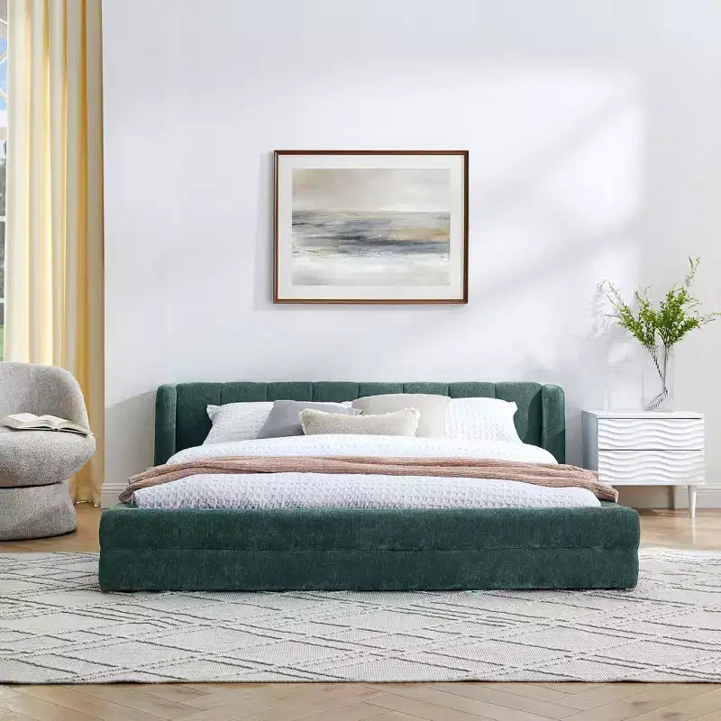Chenille Upholstered Floor Bed with Thick Headboard