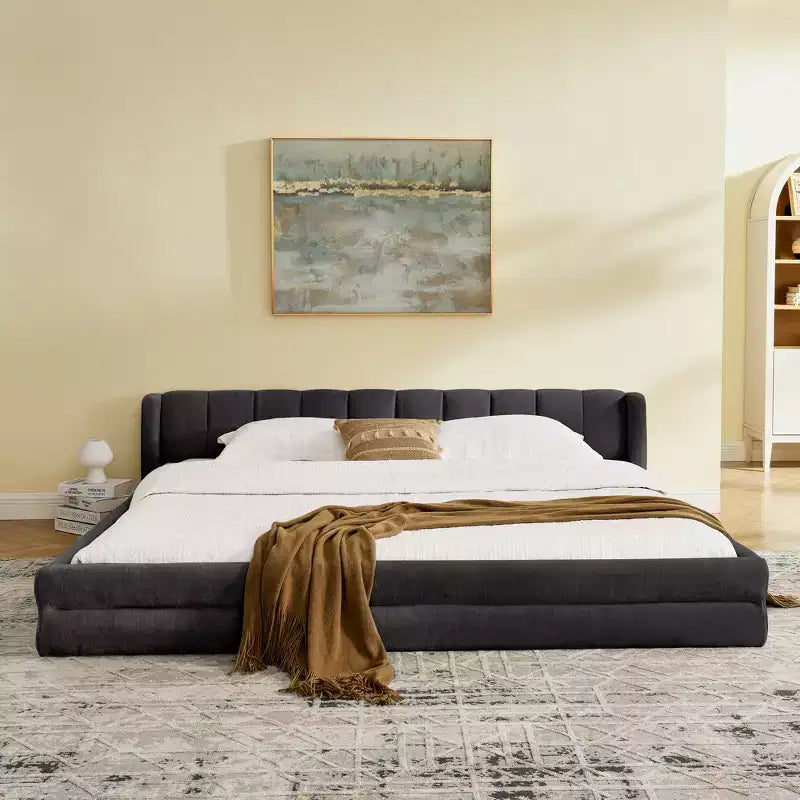 Chenille Upholstered Floor Bed with Thick Headboard