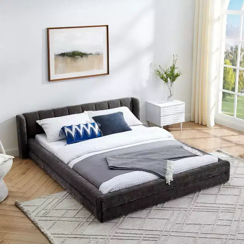 Chenille Upholstered Floor Bed with Thick Headboard