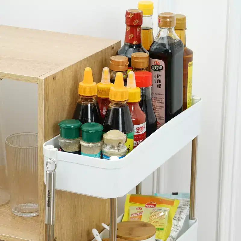 3/4 Tier Rolling Cart, Utility Cart for Kitchen Storage, Mobile Shelves Slide-Out Organizers with 2 Lockable Wheels & Hooks