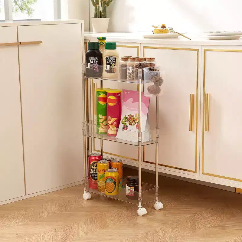 3/4 Tier Rolling Cart, Utility Cart for Kitchen Storage, Mobile Shelves Slide-Out Organizers with 2 Lockable Wheels & Hooks