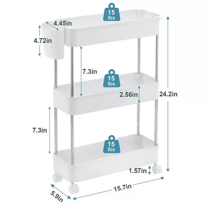 3/4 Tier Rolling Cart, Utility Cart for Kitchen Storage, Mobile Shelves Slide-Out Organizers with 2 Lockable Wheels & Hooks