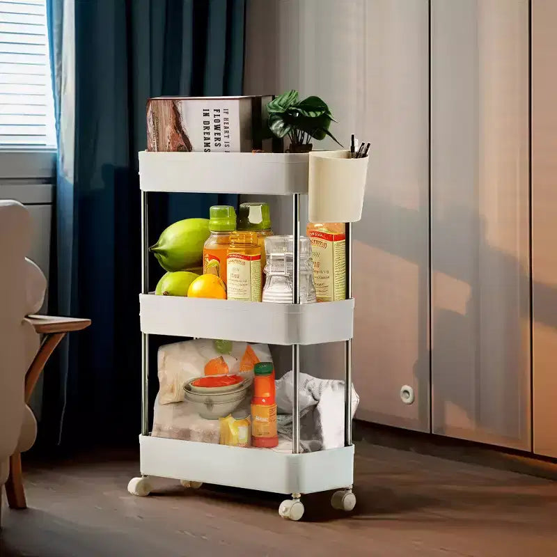3/4 Tier Rolling Cart, Utility Cart for Kitchen Storage, Mobile Shelves Slide-Out Organizers with 2 Lockable Wheels & Hooks