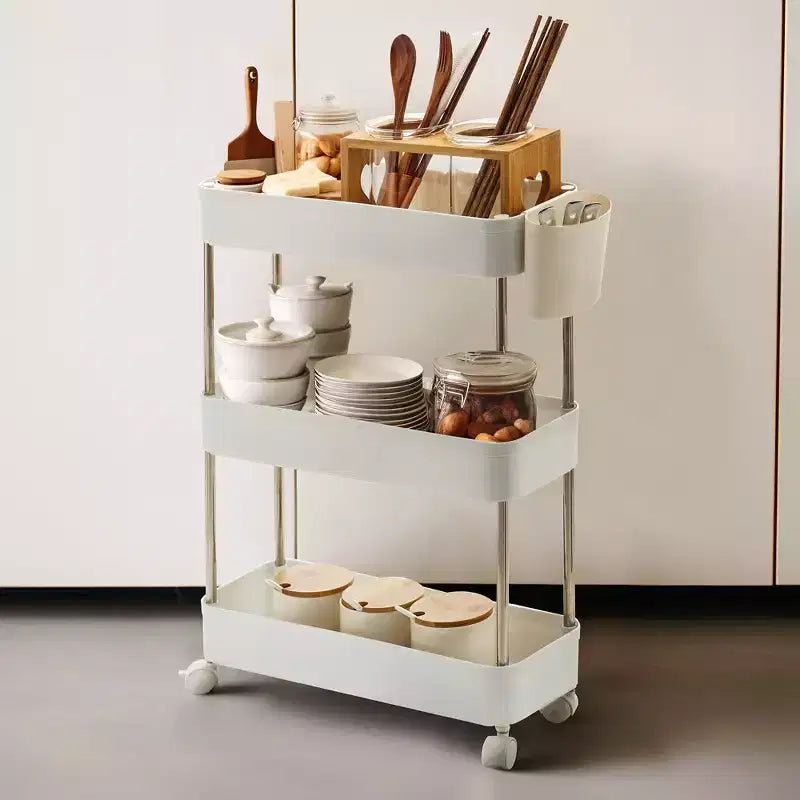 3/4 Tier Rolling Cart, Utility Cart for Kitchen Storage, Mobile Shelves Slide-Out Organizers with 2 Lockable Wheels & Hooks
