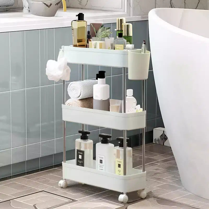 3/4 Tier Rolling Cart, Utility Cart for Kitchen Storage, Mobile Shelves Slide-Out Organizers with 2 Lockable Wheels & Hooks