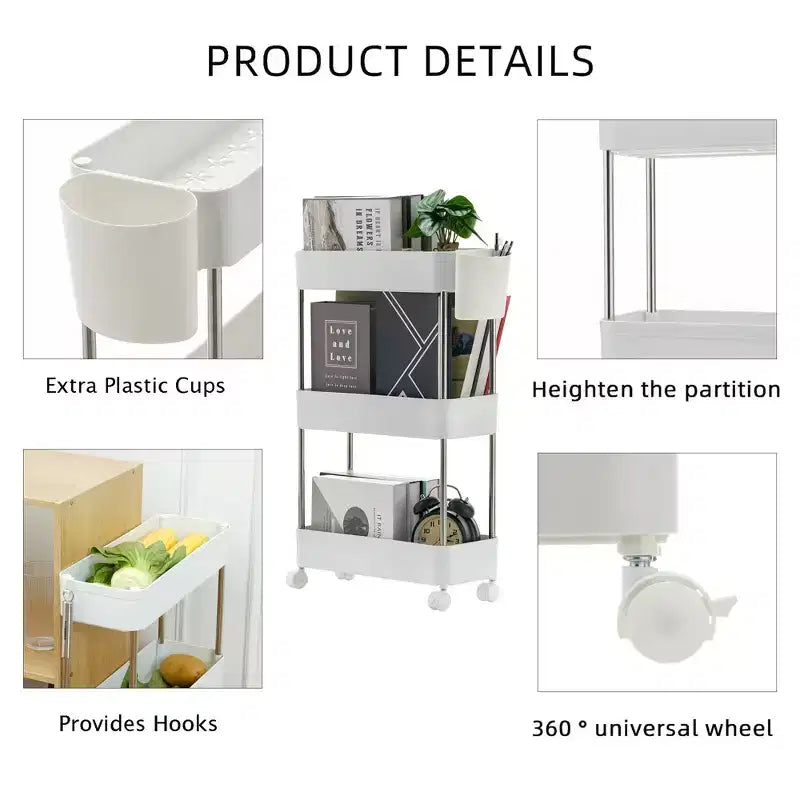 3/4 Tier Rolling Cart, Utility Cart for Kitchen Storage, Mobile Shelves Slide-Out Organizers with 2 Lockable Wheels & Hooks