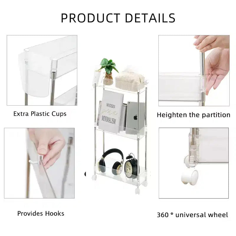 3/4 Tier Rolling Cart, Utility Cart for Kitchen Storage, Mobile Shelves Slide-Out Organizers with 2 Lockable Wheels & Hooks