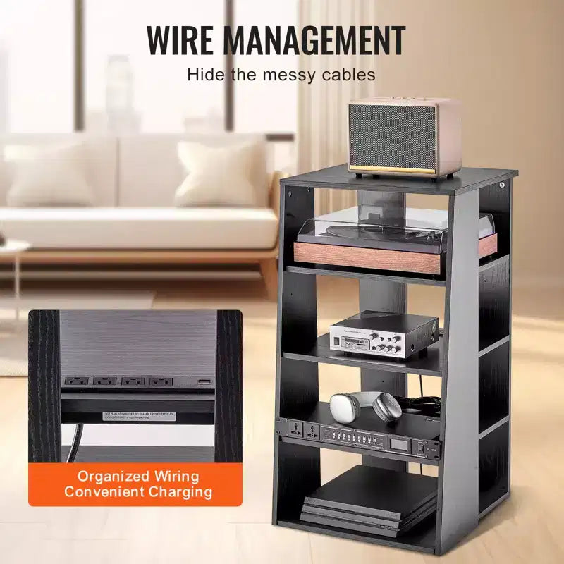 5-Tier AV Media Stand,Wooden Audio-Video Media Stand for DVD Players/Cable Boxes/Games Consoles, Height-Adjustable Media Storage Cabinet, Black