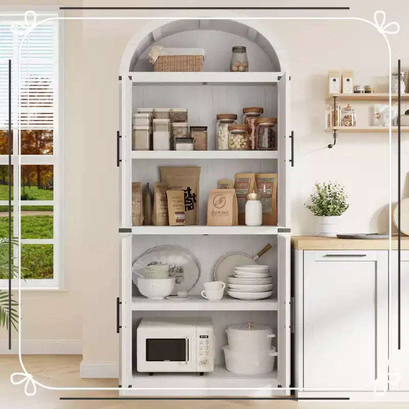 71.6 Tall Arched Kitchen Pantry Cabinet Farmhouse Storage with Doors, Large Bookshelf with Doors