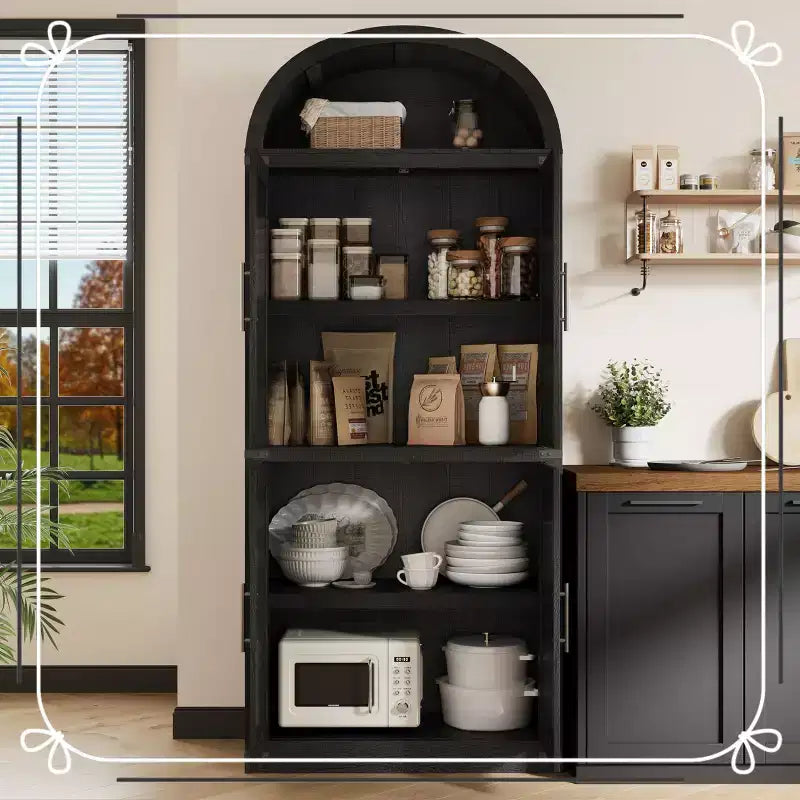 71.6 Tall Arched Kitchen Pantry Cabinet Farmhouse Storage with Doors, Large Bookshelf with Doors