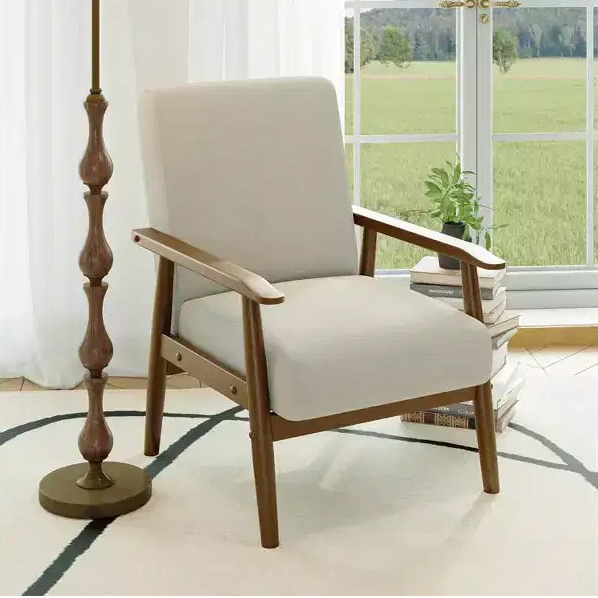 Tree City - Mid-Century Modern Linen Accent Chair with Solid Wood Frame, Off White
