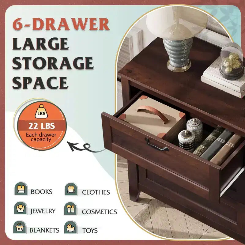 6-Drawer Dresser, Large Storage Cabinet for Bedroom, Living Room, Entryway, Retro Wood Chest of Drawers with Metal Handles & Anti-Tip Design, 54-Inch