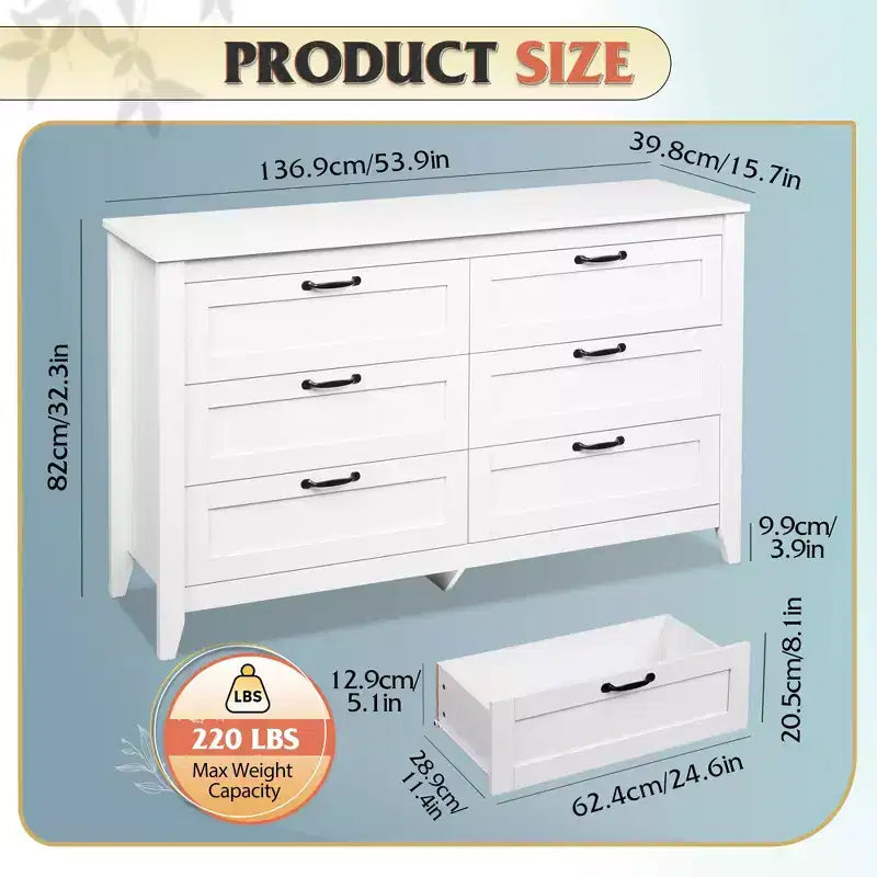 6-Drawer Dresser, Large Storage Cabinet for Bedroom, Living Room, Entryway, Retro Wood Chest of Drawers with Metal Handles & Anti-Tip Design, 54-Inch