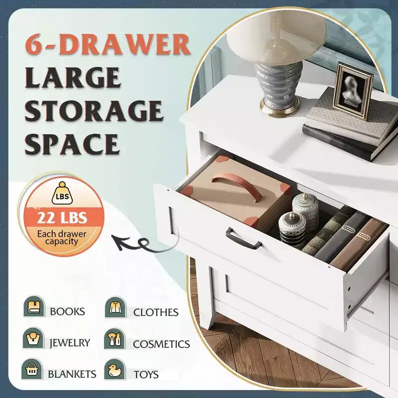 6-Drawer Dresser, Large Storage Cabinet for Bedroom, Living Room, Entryway, Retro Wood Chest of Drawers with Metal Handles & Anti-Tip Design, 54-Inch