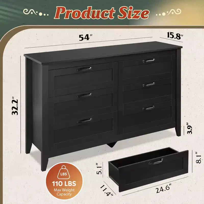 6-Drawer Dresser, Large Storage Cabinet for Bedroom, Living Room, Entryway, Retro Wood Chest of Drawers with Metal Handles & Anti-Tip Design, 54-Inch