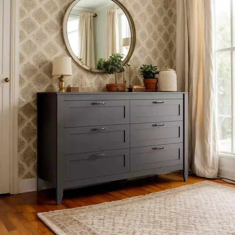 6-Drawer Dresser, Large Storage Cabinet for Bedroom, Living Room, Entryway, Retro Wood Chest of Drawers with Metal Handles & Anti-Tip Design, 54-Inch