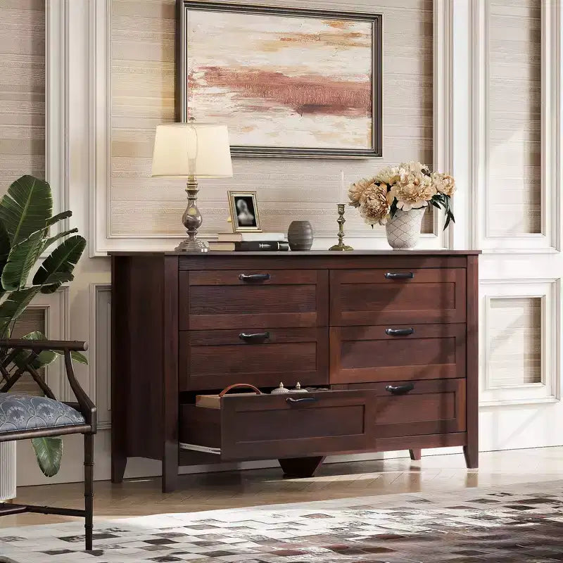 6-Drawer Dresser, Large Storage Cabinet for Bedroom, Living Room, Entryway, Retro Wood Chest of Drawers with Metal Handles & Anti-Tip Design, 54-Inch
