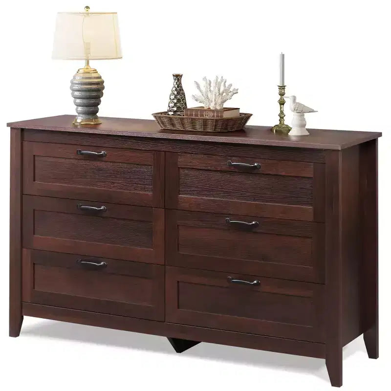 6-Drawer Dresser, Large Storage Cabinet for Bedroom, Living Room, Entryway, Retro Wood Chest of Drawers with Metal Handles & Anti-Tip Design, 54-Inch