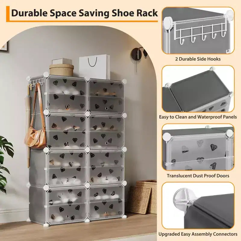 Expandable 8-Tier Shoe Rack Organizer with Door Holds 32 Pairs Detachable Shoe Storage Cabinet Space-Saving Entryway & Bedroom Organizer