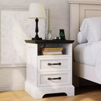 Modern Farmhouse Bedside Tables - 18 Wide with Charging Station (USB/Outlets) & 2 Drawers, Rustic White+Black