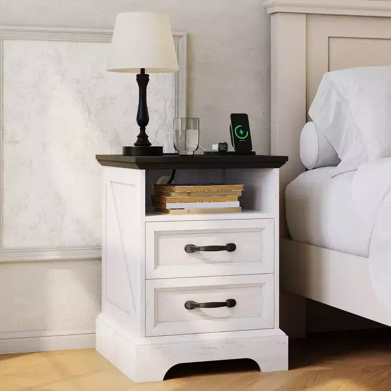 Modern Farmhouse Bedside Tables - 18 Wide with Charging Station (USB/Outlets) & 2 Drawers, Rustic White+Black
