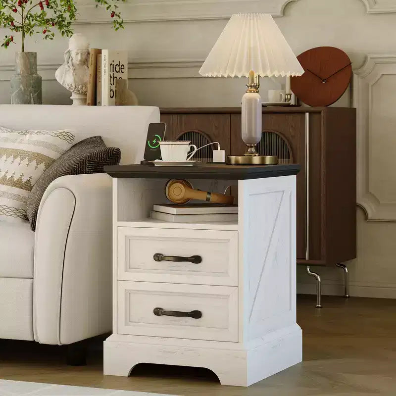 Modern Farmhouse Bedside Tables - 18 Wide with Charging Station (USB/Outlets) & 2 Drawers, Rustic White+Black