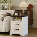 Modern Farmhouse Bedside Tables - 18 Wide with Charging Station (USB/Outlets) & 2 Drawers, Rustic White+Black