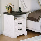 Modern Farmhouse Bedside Tables - 18 Wide with Charging Station (USB/Outlets) & 2 Drawers, Rustic White+Black