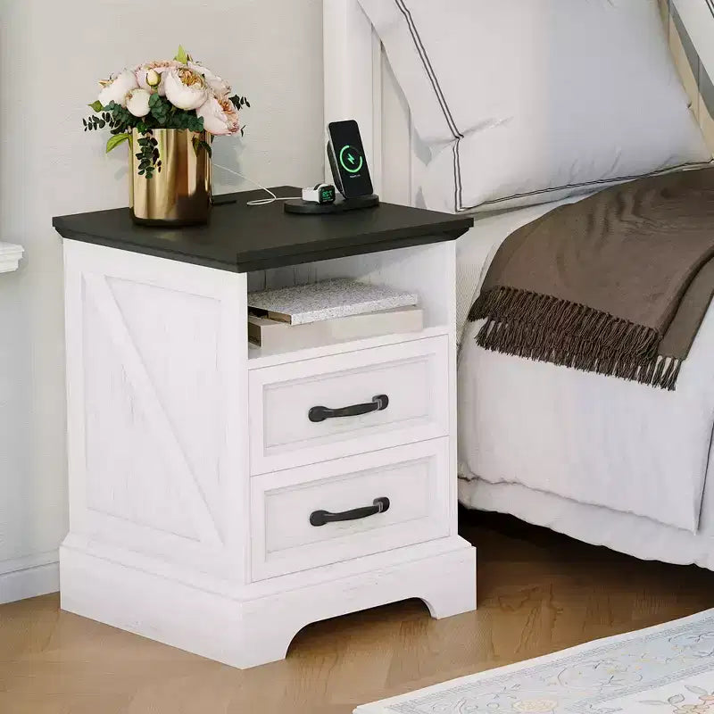 Modern Farmhouse Bedside Tables - 18 Wide with Charging Station (USB/Outlets) & 2 Drawers, Rustic White+Black