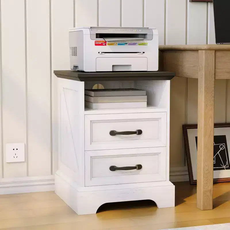 Modern Farmhouse Bedside Tables - 18 Wide with Charging Station (USB/Outlets) & 2 Drawers, Rustic White+Black