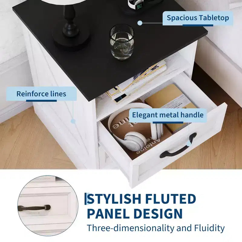 Modern Farmhouse Bedside Tables - 18 Wide with Charging Station (USB/Outlets) & 2 Drawers, Rustic White+Black