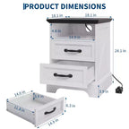 Modern Farmhouse Bedside Tables - 18 Wide with Charging Station (USB/Outlets) & 2 Drawers, Rustic White+Black