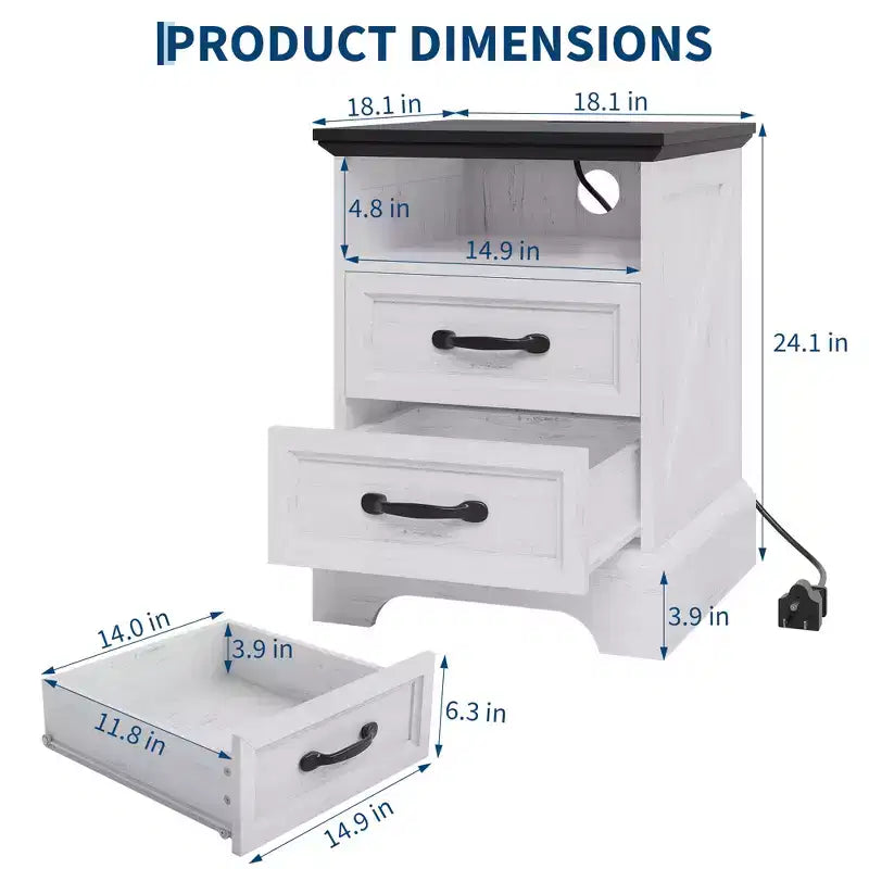 Modern Farmhouse Bedside Tables - 18 Wide with Charging Station (USB/Outlets) & 2 Drawers, Rustic White+Black