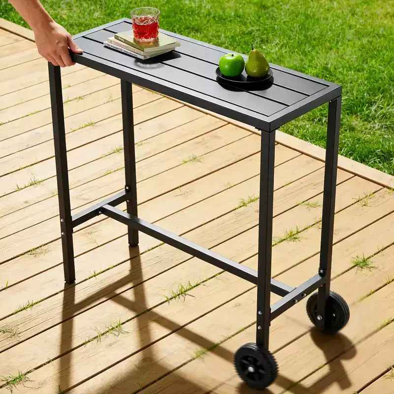 Mobile Outdoor Bar Table with Wheels Waterproof Metal Top, Adjustable Leveling Feet, Sturdy Counter Height for Patio,Yard, Poolside Black, 39Inch