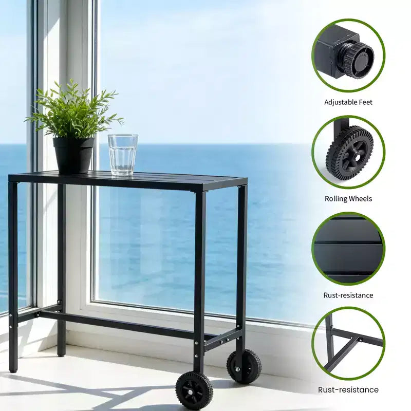 Mobile Outdoor Bar Table with Wheels Waterproof Metal Top, Adjustable Leveling Feet, Sturdy Counter Height for Patio,Yard, Poolside Black, 39Inch