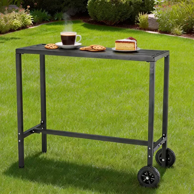 Mobile Outdoor Bar Table with Wheels Waterproof Metal Top, Adjustable Leveling Feet, Sturdy Counter Height for Patio,Yard, Poolside Black, 39Inch
