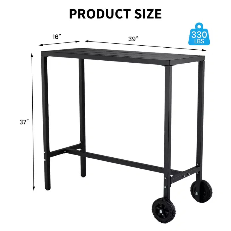 Mobile Outdoor Bar Table with Wheels Waterproof Metal Top, Adjustable Leveling Feet, Sturdy Counter Height for Patio,Yard, Poolside Black, 39Inch