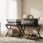 Porte-bagages pliant en bambou avec étagère à 2 niveaux, support de valise robuste pour chambres d'amis et hôtels