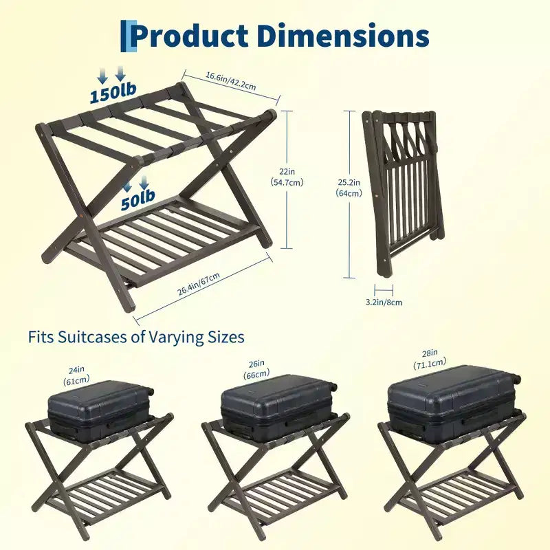 Folding Bamboo Luggage Rack with 2-Tier Shelf Heavy-Duty Suitcase Stand for Guest Rooms & Hotels