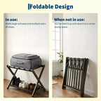 Porte-bagages pliant en bambou avec étagère à 2 niveaux, support de valise robuste pour chambres d'amis et hôtels