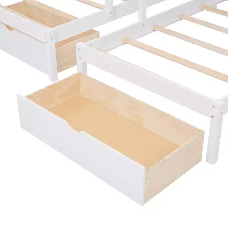 Lit superposé en bois, lit du haut double et lit du bas simple, avec 6 tiroirs et escalier.