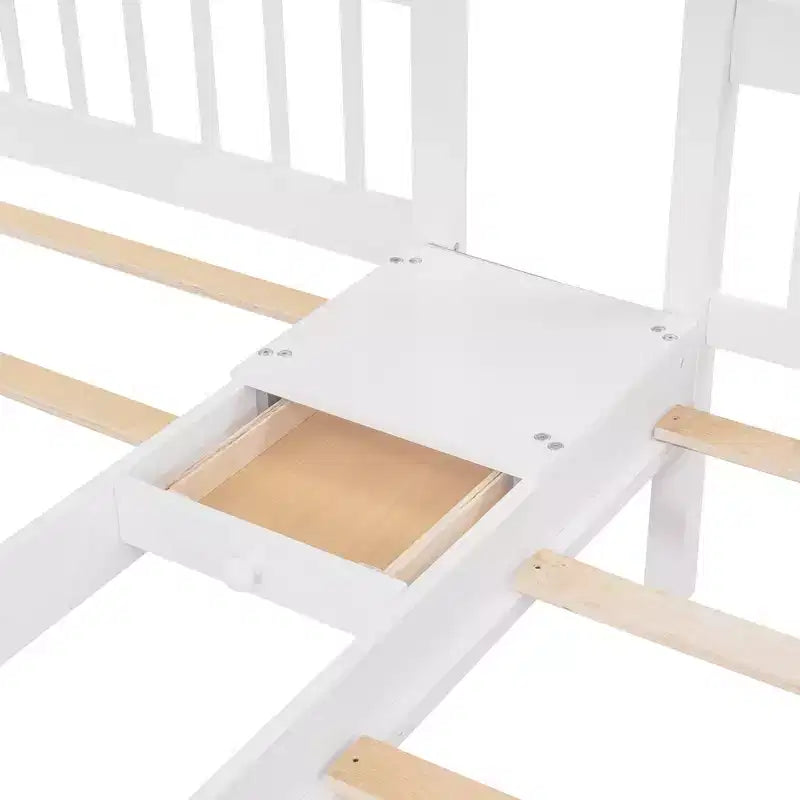 Lit superposé en bois, lit du haut double et lit du bas simple, avec 6 tiroirs et escalier.