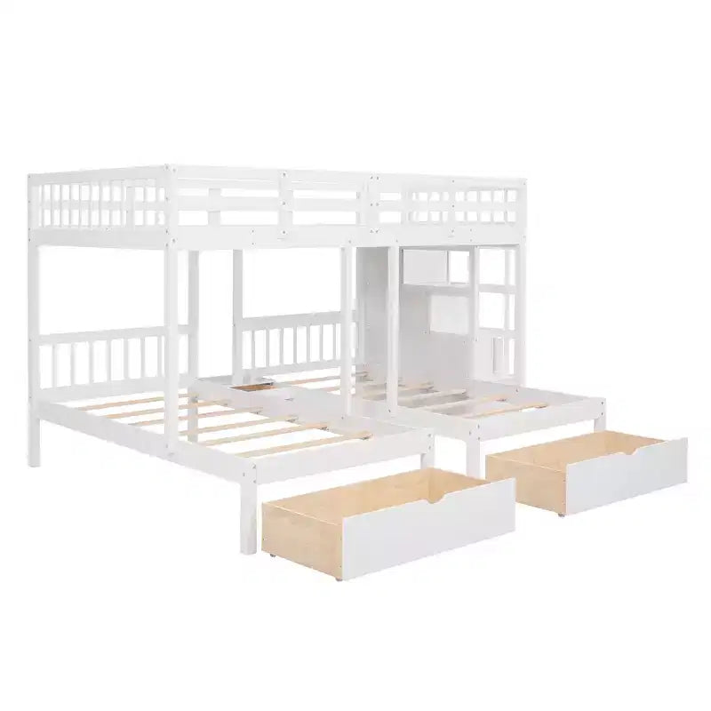Lit superposé en bois, lit du haut double et lit du bas simple, avec 6 tiroirs et escalier.