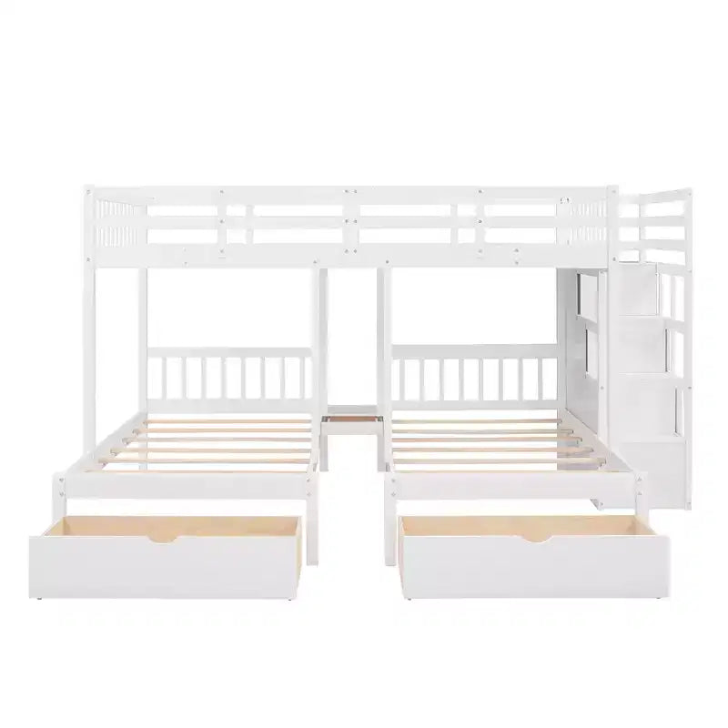 Lit superposé en bois, lit du haut double et lit du bas simple, avec 6 tiroirs et escalier.
