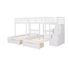 Lit superposé en bois, lit du haut double et lit du bas simple, avec 6 tiroirs et escalier.