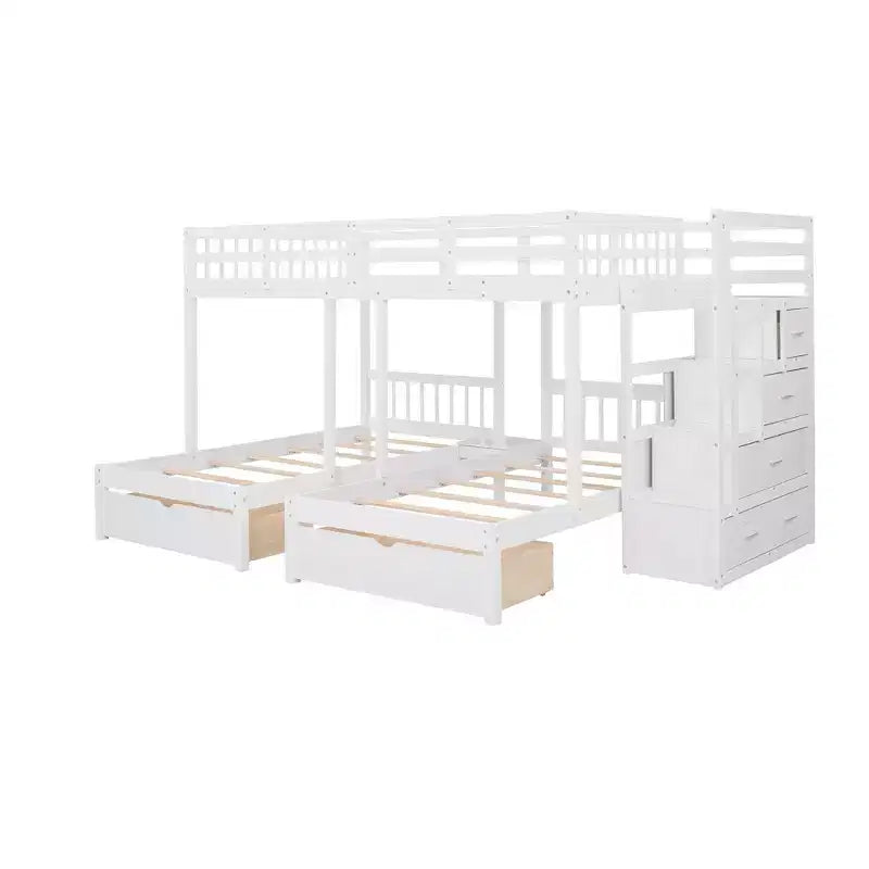 Lit superposé en bois, lit du haut double et lit du bas simple, avec 6 tiroirs et escalier.