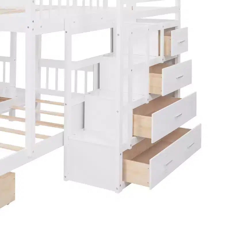Lit superposé en bois, lit du haut double et lit du bas simple, avec 6 tiroirs et escalier.