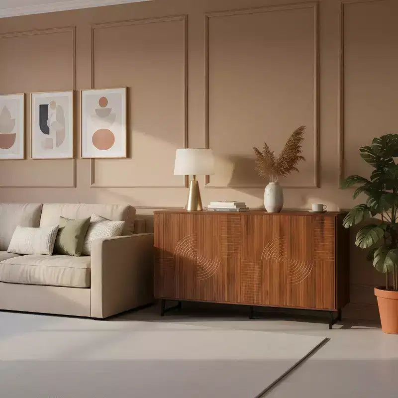 Premium Walnut Mid-Century Sideboard with Geometric Carved Doors